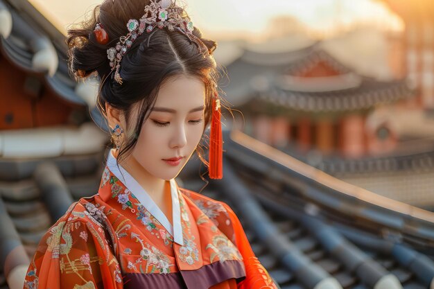 Mujer elegante con vestido tradicional coreano de hanbok al atardecer en el entorno histórico de la aldea