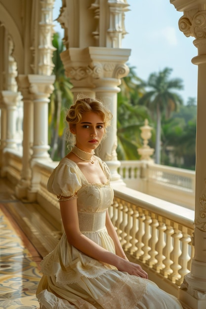 Foto mujer elegante con vestido vintage sentada en un balcón con arquitectura clásica