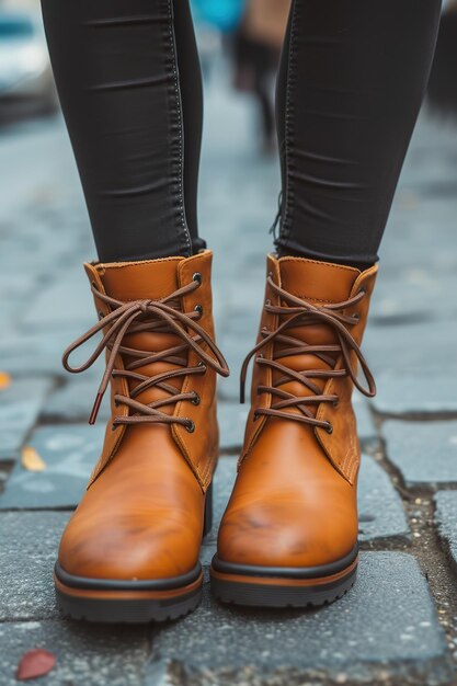 Mujer con elegantes botas de tobillo marrón y leggings negras