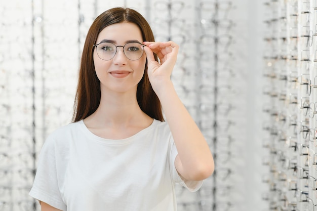 Mujer elige gafas en la tienda.