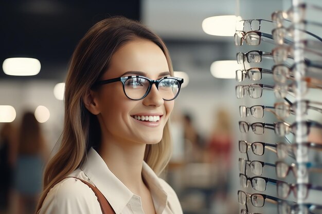 Una mujer elige gafas para la visión en una tienda especializada.