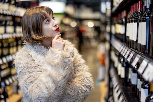 Mujer eligiendo vino en el supermercado