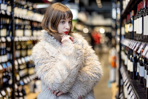 Mujer eligiendo vino en el supermercado