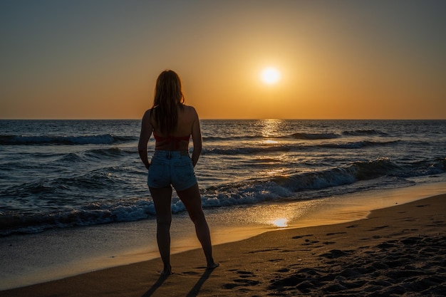 mujer, en, ella, espalda, mirar, un, ocaso, en la playa