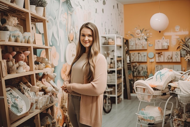 Mujer embarazada alegre en la tienda de bebés Sonrisa y ternura generativa IA