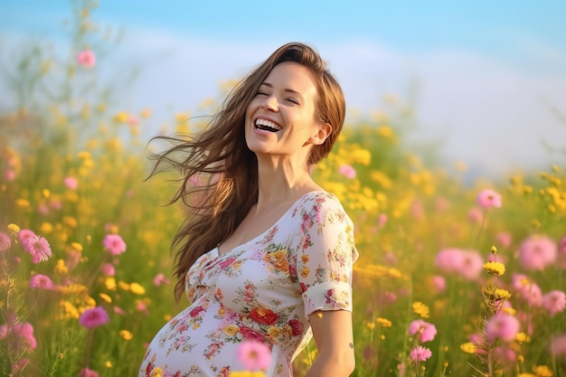 Una mujer embarazada en un campo de flores.