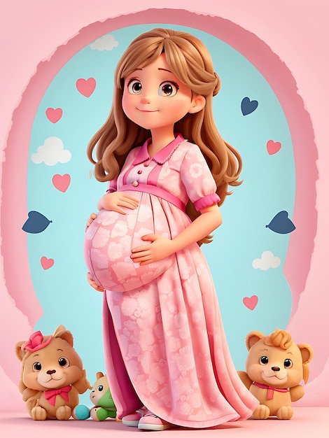 una mujer embarazada con dos osos y un fondo rosado con corazones y un oso de peluche AI generado
