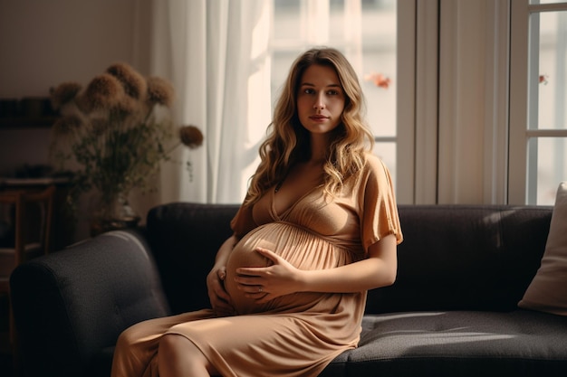 Foto mujer embarazada en un embarazo temprano con las manos en el vientre sentada en el sofá en casa