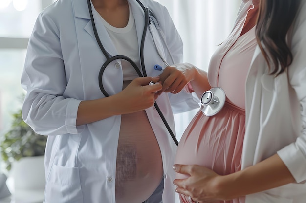 Foto mujer embarazada escuchando el latido del corazón del bebé con estetoscopio en casa