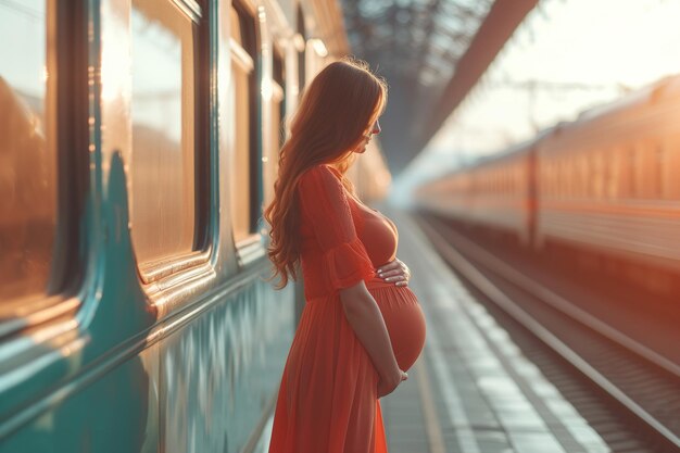 Una mujer embarazada está de pie al lado de un tren en una plataforma esperando la salida El bulto del bebé de la mujer es visible mientras mira en la distancia