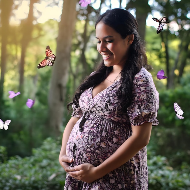una mujer embarazada está de pie en un bosque con mariposas volando a su alrededor