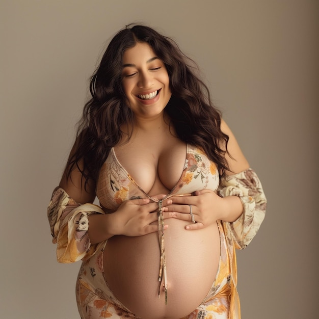 una mujer embarazada está sonriendo y usando un vestido de impresión floral