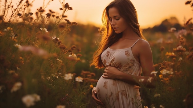 Mujer embarazada feliz parada en un campo iluminado por el sol de flores florecientes Imagen AI generativa
