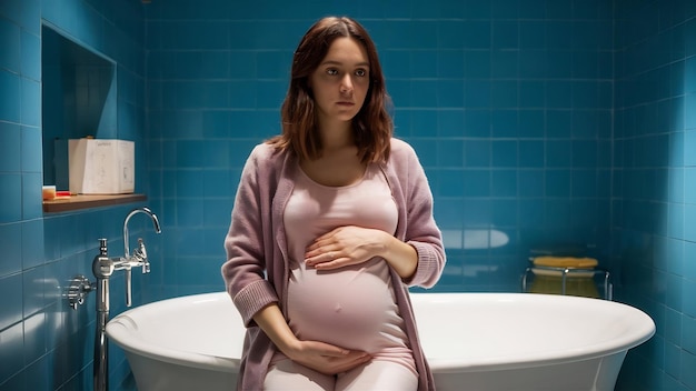 Foto la mujer embarazada con una fuerte toxicosis sentada en el baño