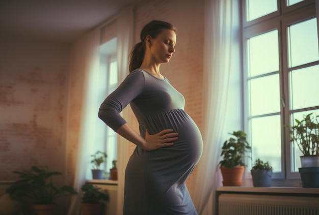 Mujer embarazada haciendo estiramientos y entrenando en casa