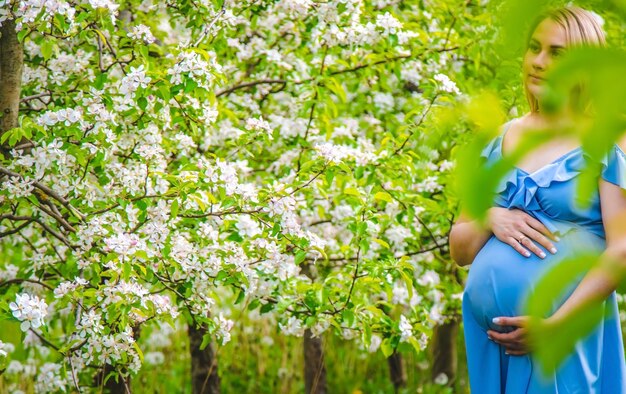 Mujer embarazada en el jardín de manzanos en flor Enfoque selectivo