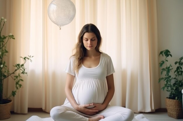 Mujer embarazada joven y sana haciendo ejercicios de yoga y meditando en casa Generada por IA