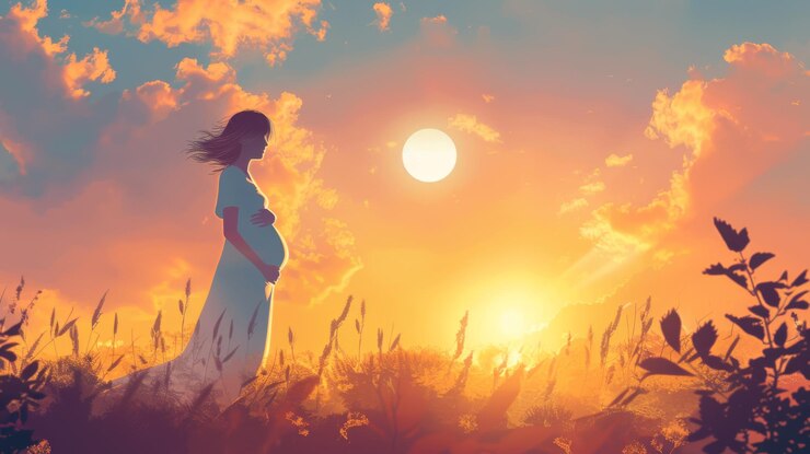 Una mujer embarazada en la naturaleza una mano en el estómago el sol en el fondo de un hermoso cielo una alegría