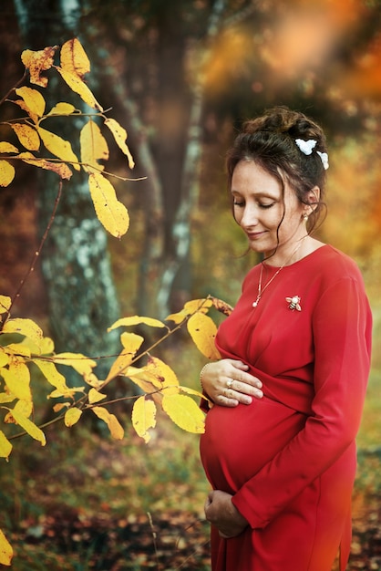 mujer embarazada, en, otoño, parque