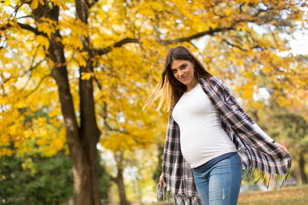 Mujer embarazada en el parque de otoño