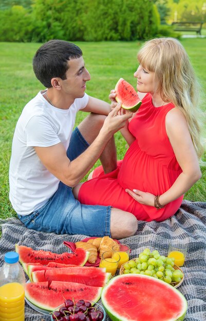 Mujer embarazada en un picnic