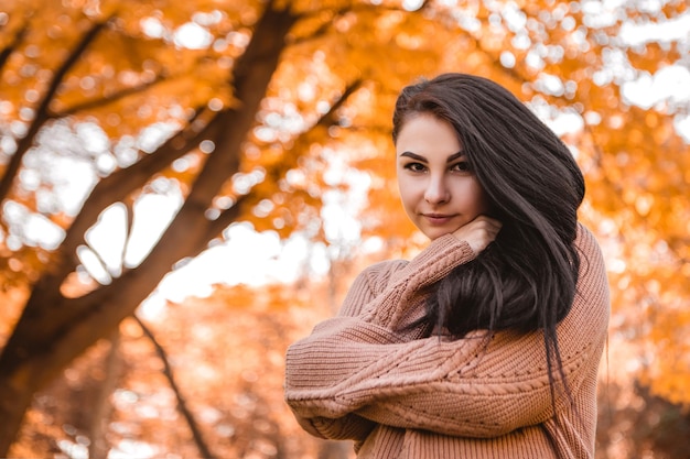 Mujer embarazada de pie en el bosque del parque de la ciudad de otoño, suéter de lana cálido vestido, vientre redondo