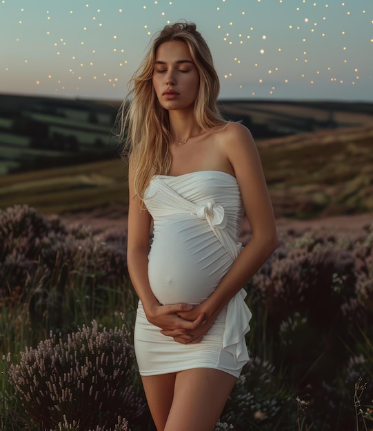 Foto mujer embarazada de pie en un campo de lavanda al atardecer