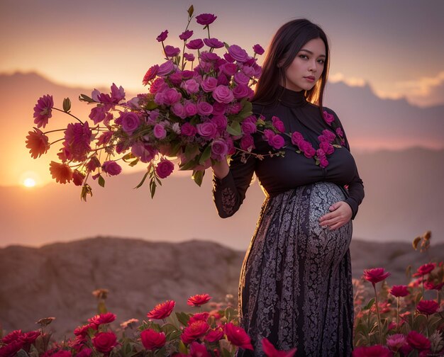 Una mujer embarazada posa en un campo de flores con un gran ramo de flores en primer plano.