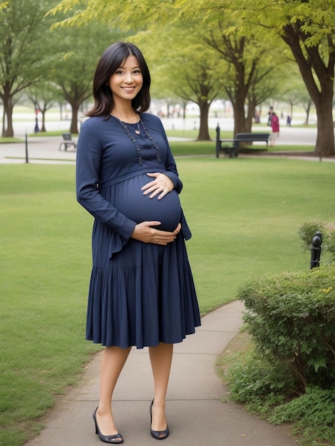Una mujer embarazada posando en el parque