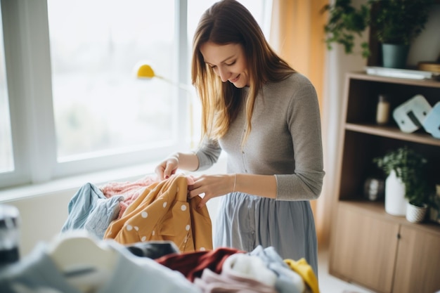 Mujer embarazada preparando ropa de bebé