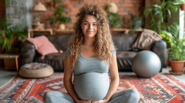 Foto mujer embarazada relajándose en un ambiente hogareño acogedor sonriendo pacíficamente