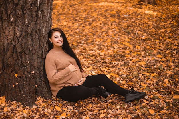 Mujer embarazada sentada en el suelo en el bosque del parque de la ciudad de otoño, acariciando su vientre redondo con el bebé