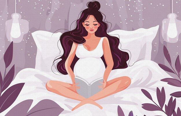 una mujer embarazada se sienta en una cama con un libro sobre mujeres embarazadas