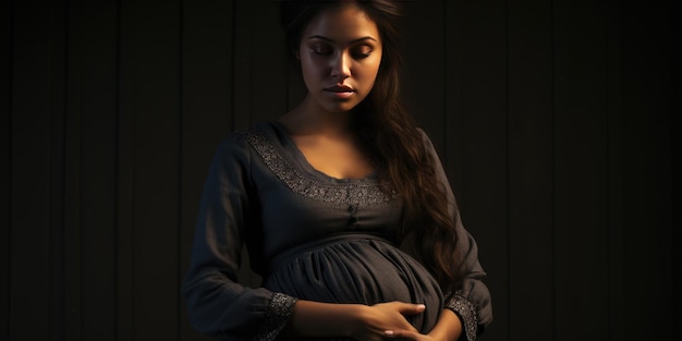 Mujer embarazada sobre fondo negro Tema de la pérdida de un hijo Lugar para texto IA generativa