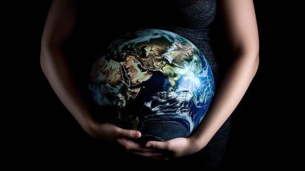 Una mujer embarazada sostiene un globo terráqueo en sus manos.