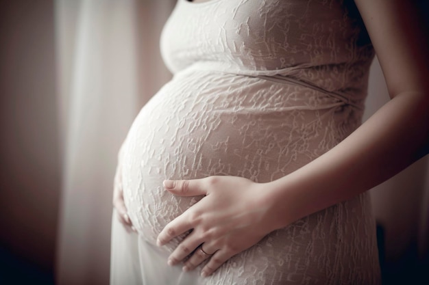 Una mujer embarazada sostiene su estómago con un vestido blanco.