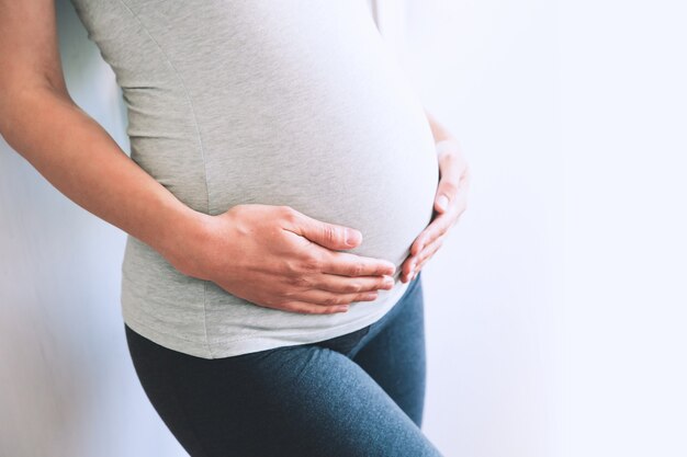 La mujer embarazada tiene las manos sobre el vientre en el interior de la casa Concepto de embarazo