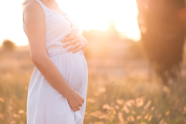 Mujer embarazada con vestido blanco de pie en la pradera al atardecer