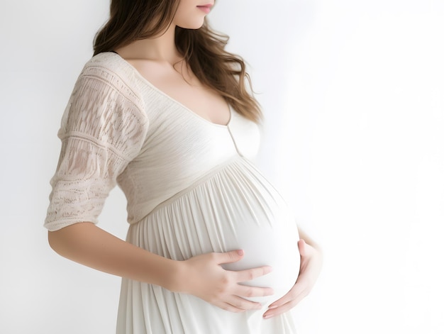 Mujer embarazada con vestido blanco sostiene las manos en el vientre sobre un fondo blanco