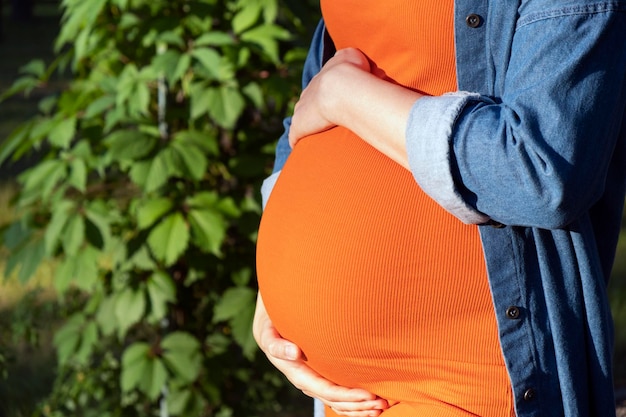 Mujer embarazada con vestido naranja y camisa de jeans sostiene su gran barriga con las manos en el parque con hojas verdes a la luz del sol en el fondo Embarazo maternidad maternidad y atención prenatal