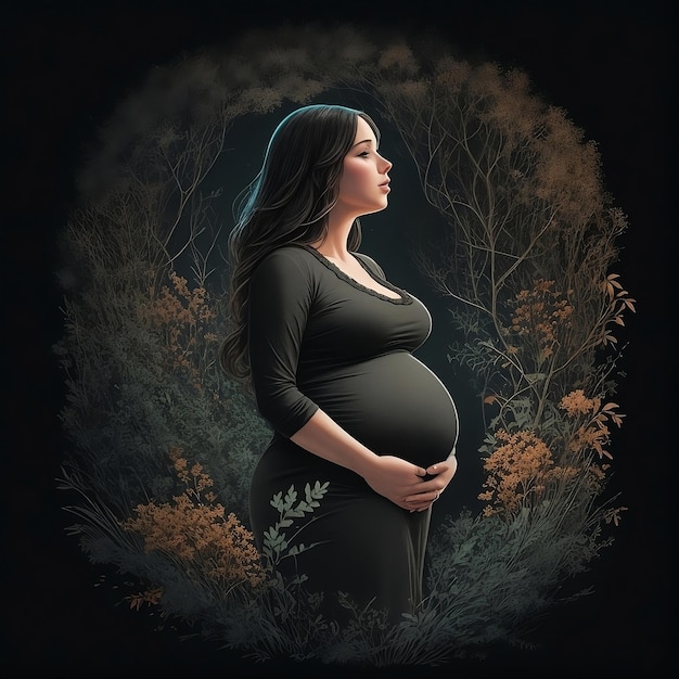 una mujer embarazada con un vestido negro está parada en un bosque