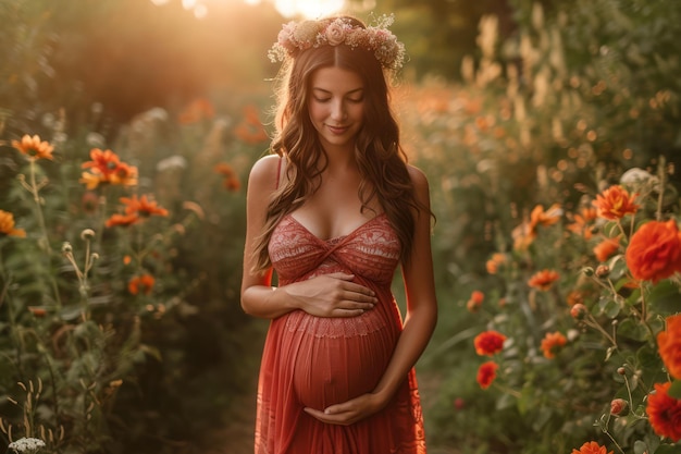 Mujer embarazada con vestido rojo en el atardecer primer plano extremo IA generativa