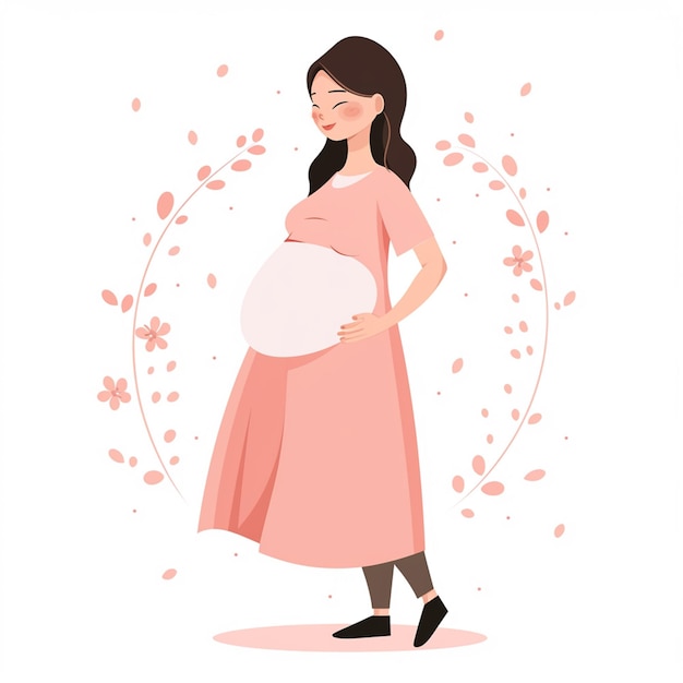 mujer embarazada con un vestido rosa sosteniendo un plato blanco ai generativo