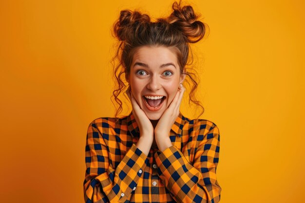 Una mujer emocionada con una camisa a cuadros sonriendo brillantemente.