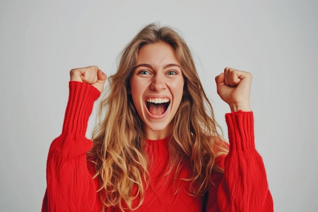 Una mujer emocionada celebra el éxito con una expresión emocional