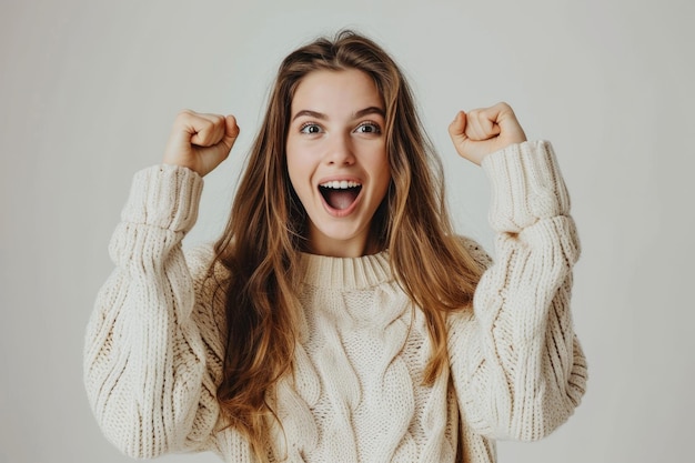 Una mujer emocionada celebra el éxito con una expresión emocional