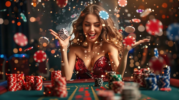 Una mujer emocionada celebra una mano ganadora en una mesa de casino en medio de luces relucientes