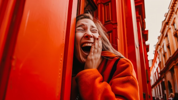 Mujer emocionada con una chaqueta roja vibrante riendo junto a una pared roja brillante