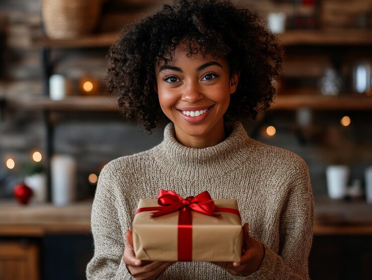 Mujer emocionada desempaquetando un regalo en una habitación minimalista