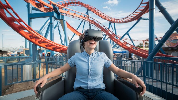 Mujer emocionada disfrutando de una experiencia de realidad virtual en un parque de atracciones con montaña rusa en el fondo